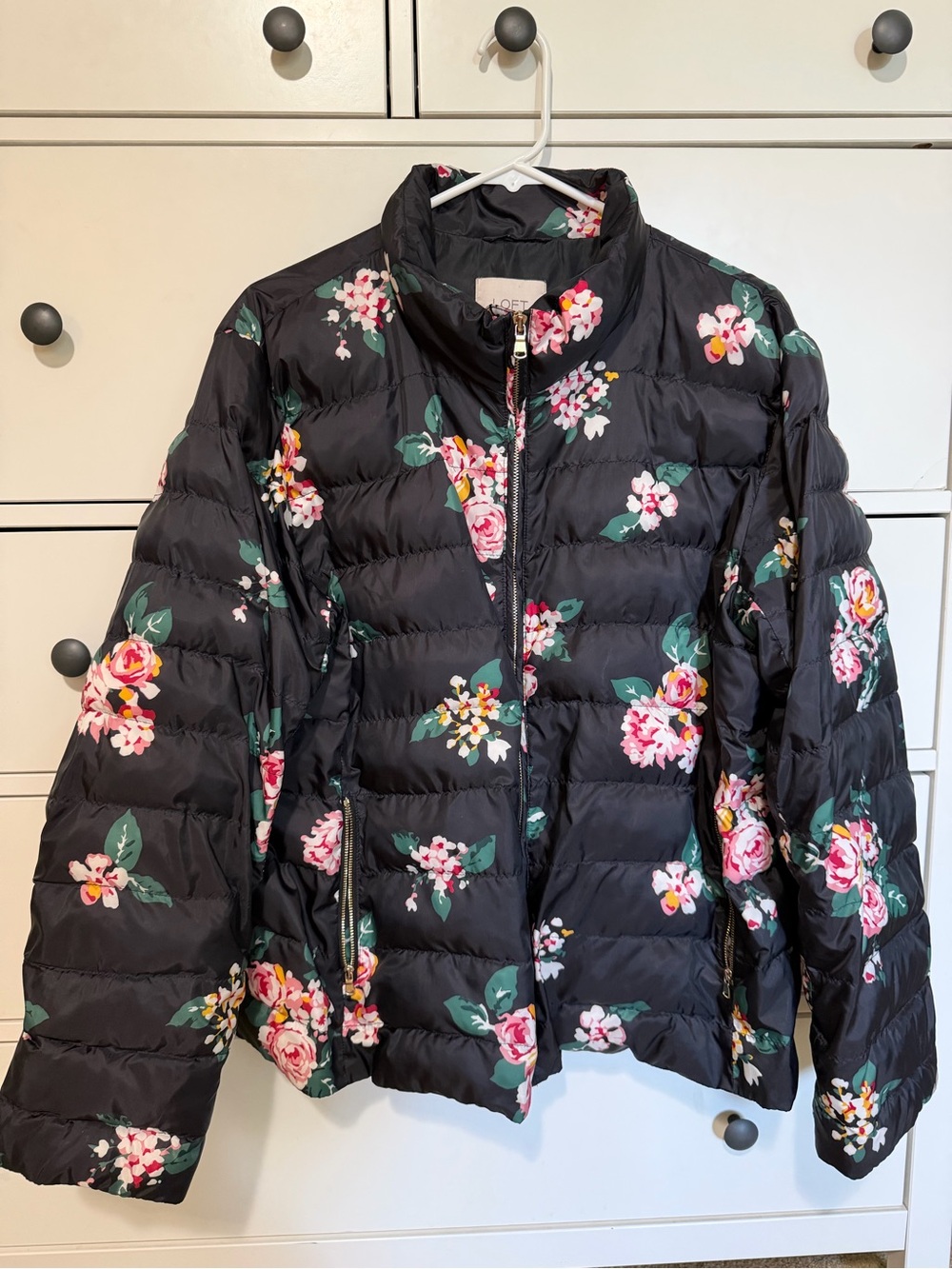 Loft Floral Puffer Jacket - Black with Pink Floral Print